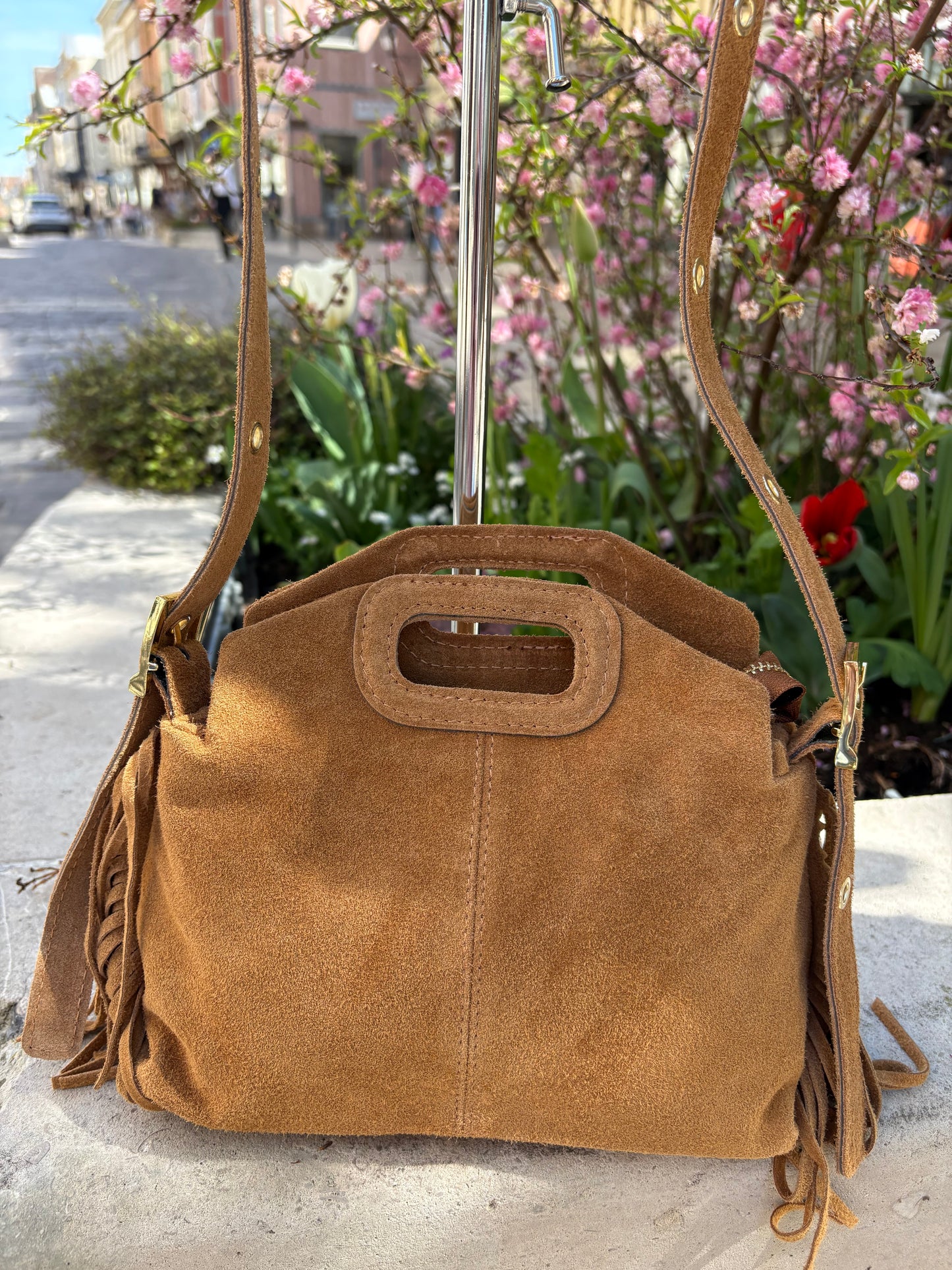 Mini sac bandoulière cuir daim à Franges Crème Lou