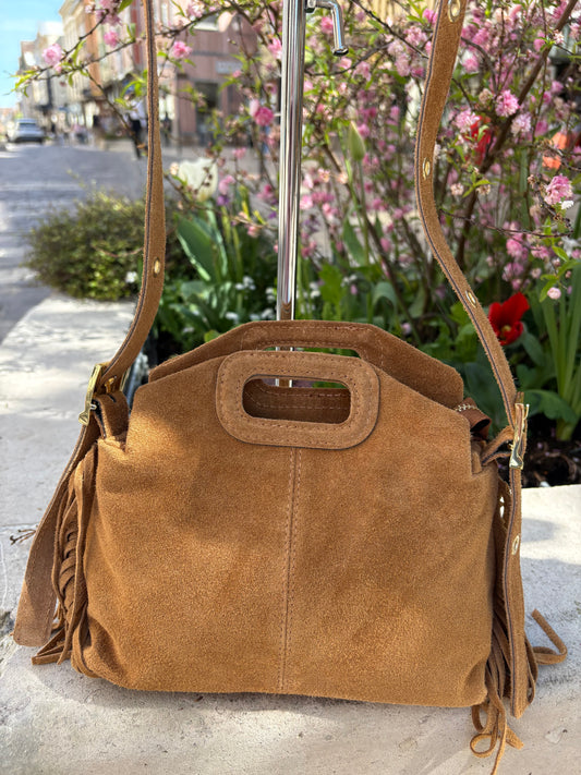 Mini sac bandoulière cuir daim à Franges Camel Lou