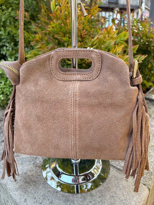 Mini sac bandoulière cuir daim à Franges Taupe Lou