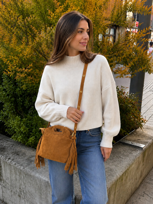 Mini sac bandoulière cuir daim à Franges Camel Lou