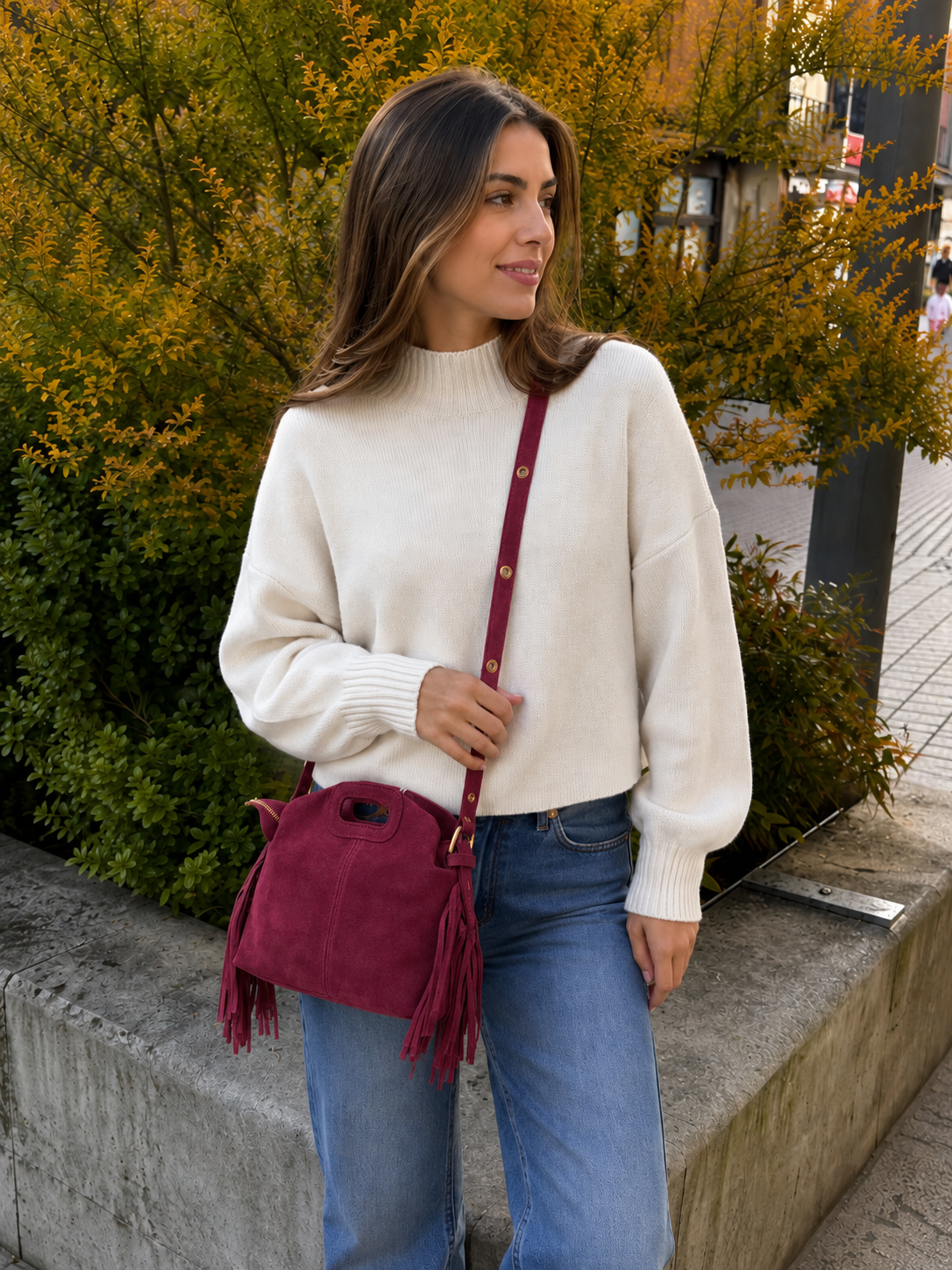 Mini sac bandoulière cuir daim à Franges Bordeaux Lou