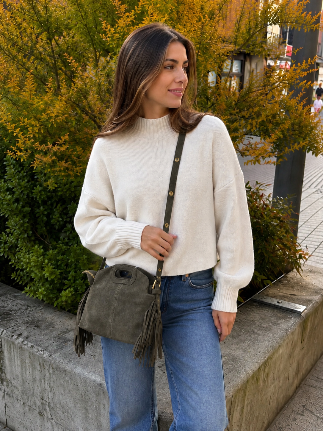 Mini sac bandoulière cuir daim à Franges Kaki Lou