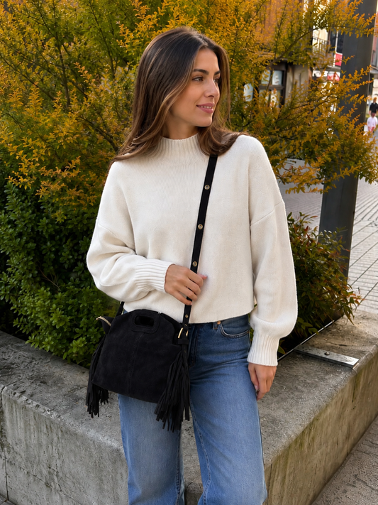 Mini sac bandoulière cuir daim à Franges noir Lou