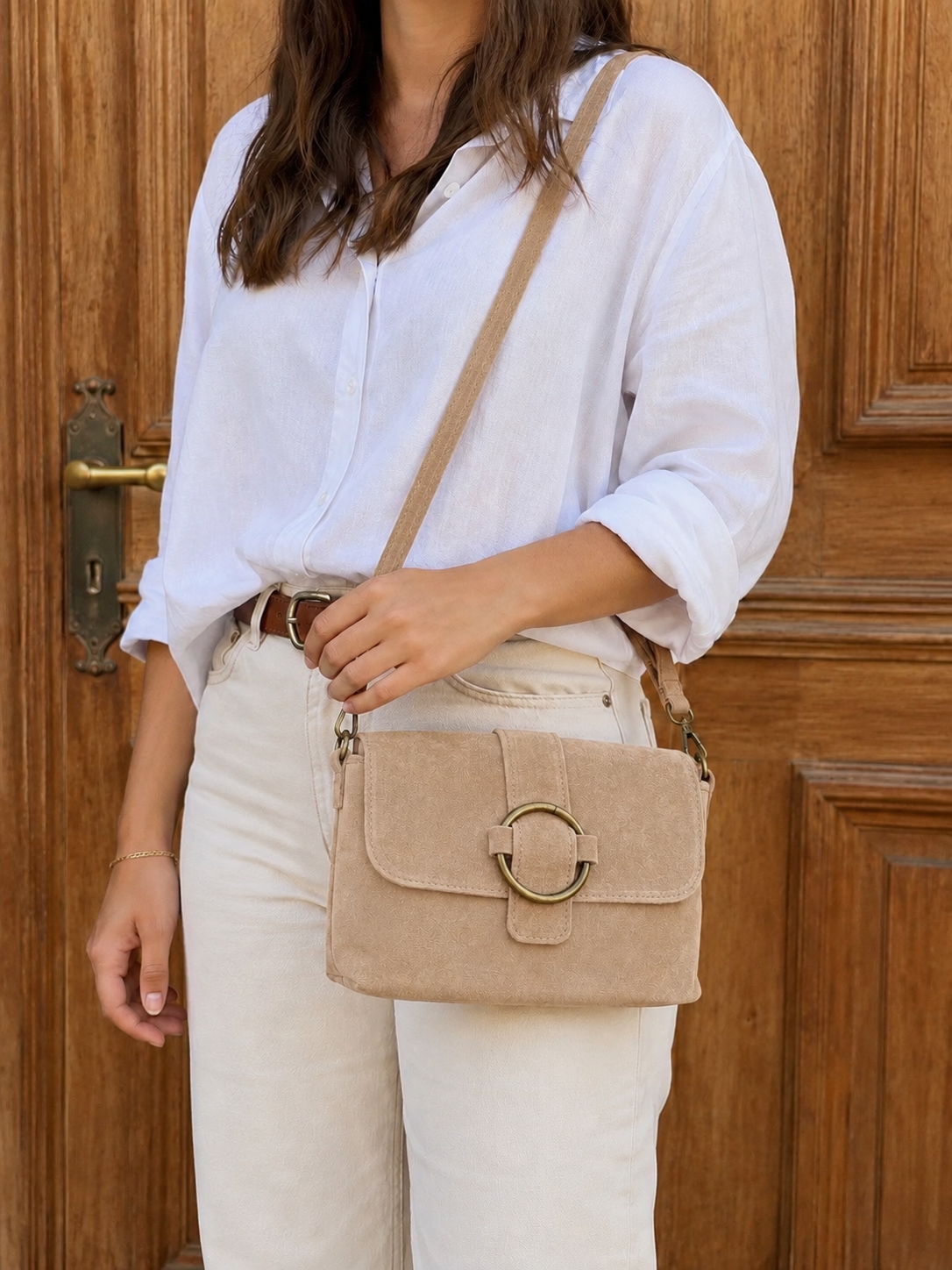 Sac bandoulière daim beige Jade
