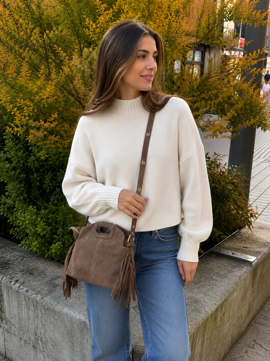 Mini sac bandoulière cuir daim à Franges Taupe Lou