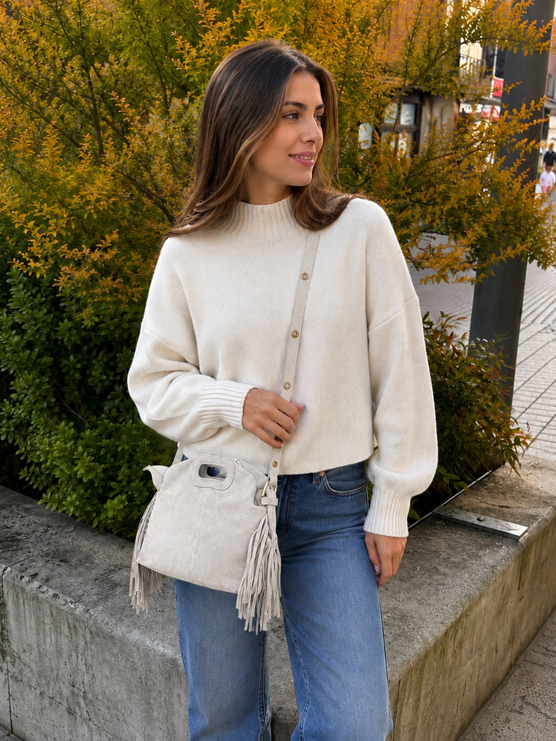 Mini sac bandoulière cuir daim à Franges Crème Lou