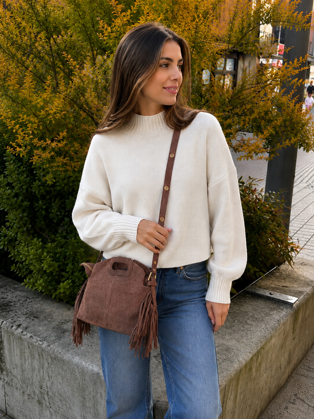 Mini sac bandoulière cuir daim à Franges Marron Lou