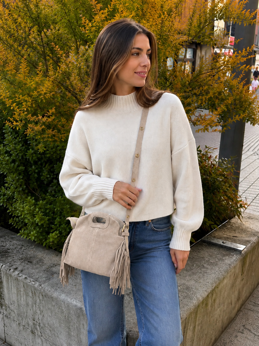 Mini sac bandoulière cuir daim à Franges Beige Lou
