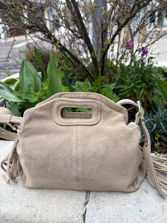 Mini sac bandoulière cuir daim à Franges Beige Lou