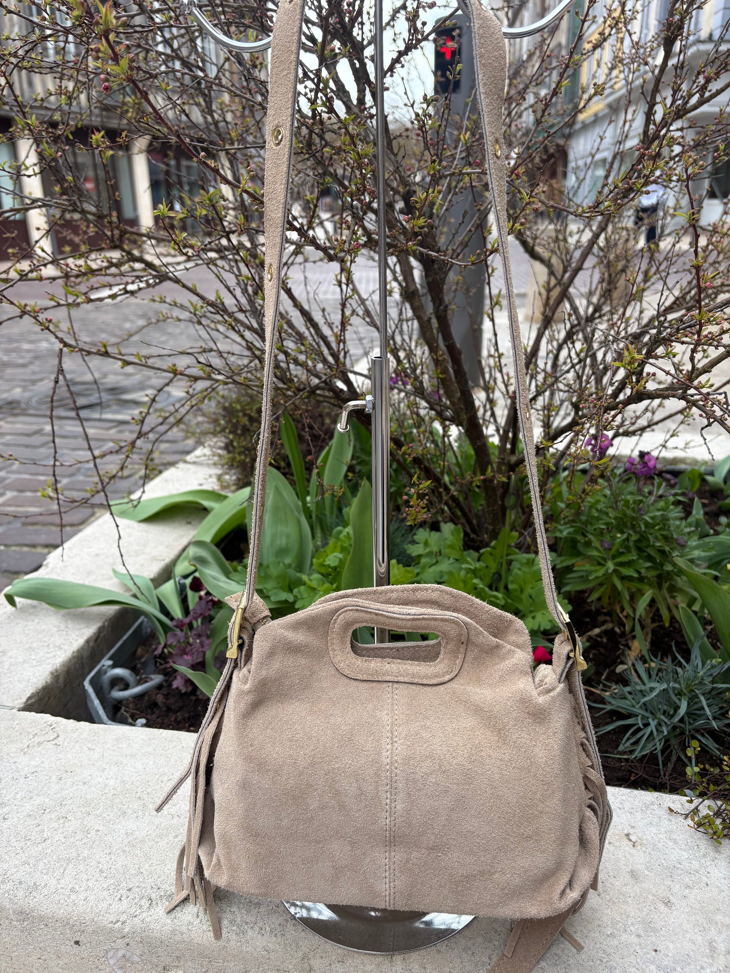 Mini sac bandoulière cuir daim à Franges Beige Lou