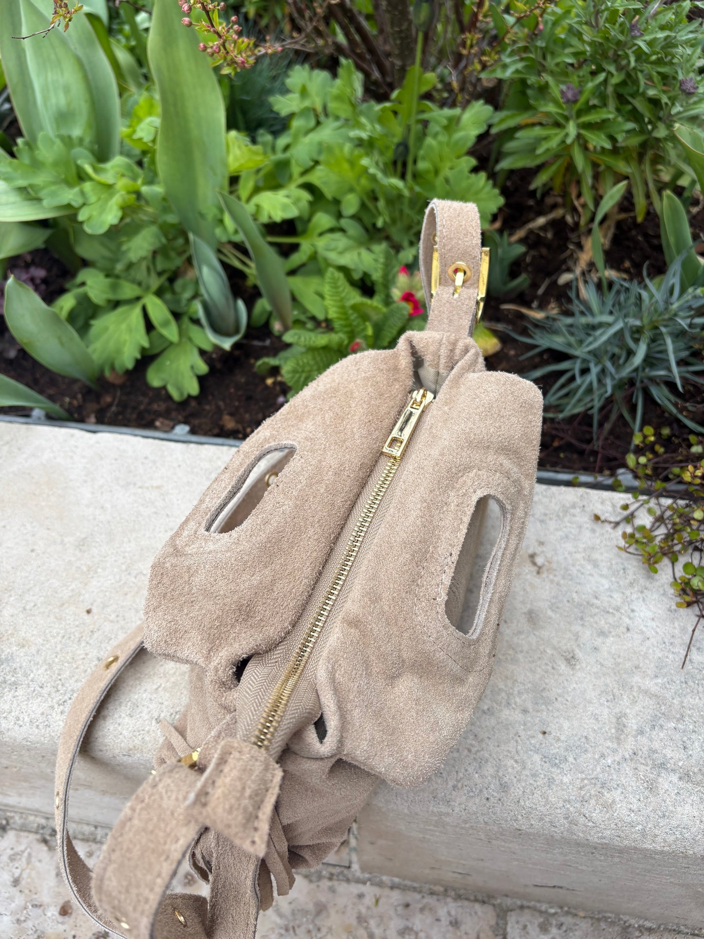 Mini sac bandoulière cuir daim à Franges Beige Lou