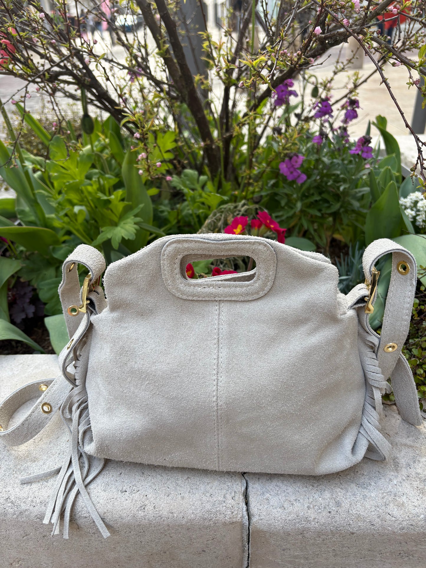 Mini sac bandoulière cuir daim à Franges Camel Lou