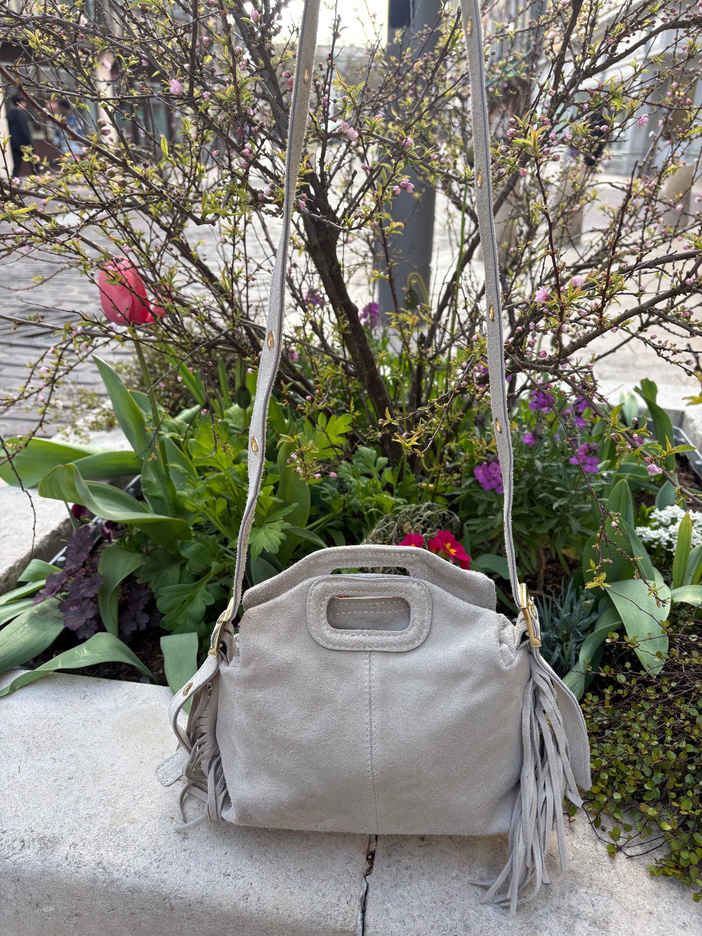 Mini sac bandoulière cuir daim à Franges Crème Lou