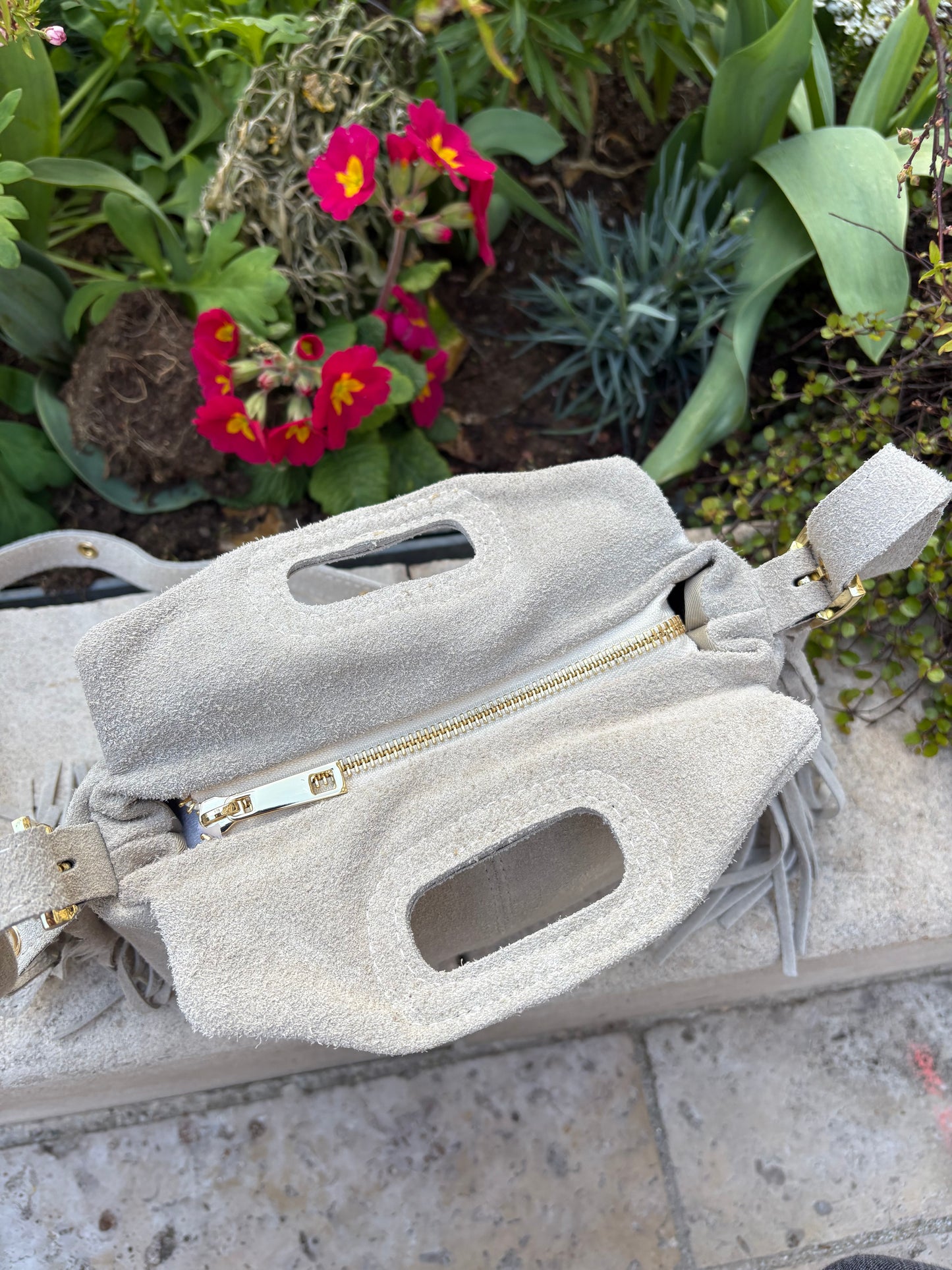 Mini sac bandoulière cuir daim à Franges Crème Lou