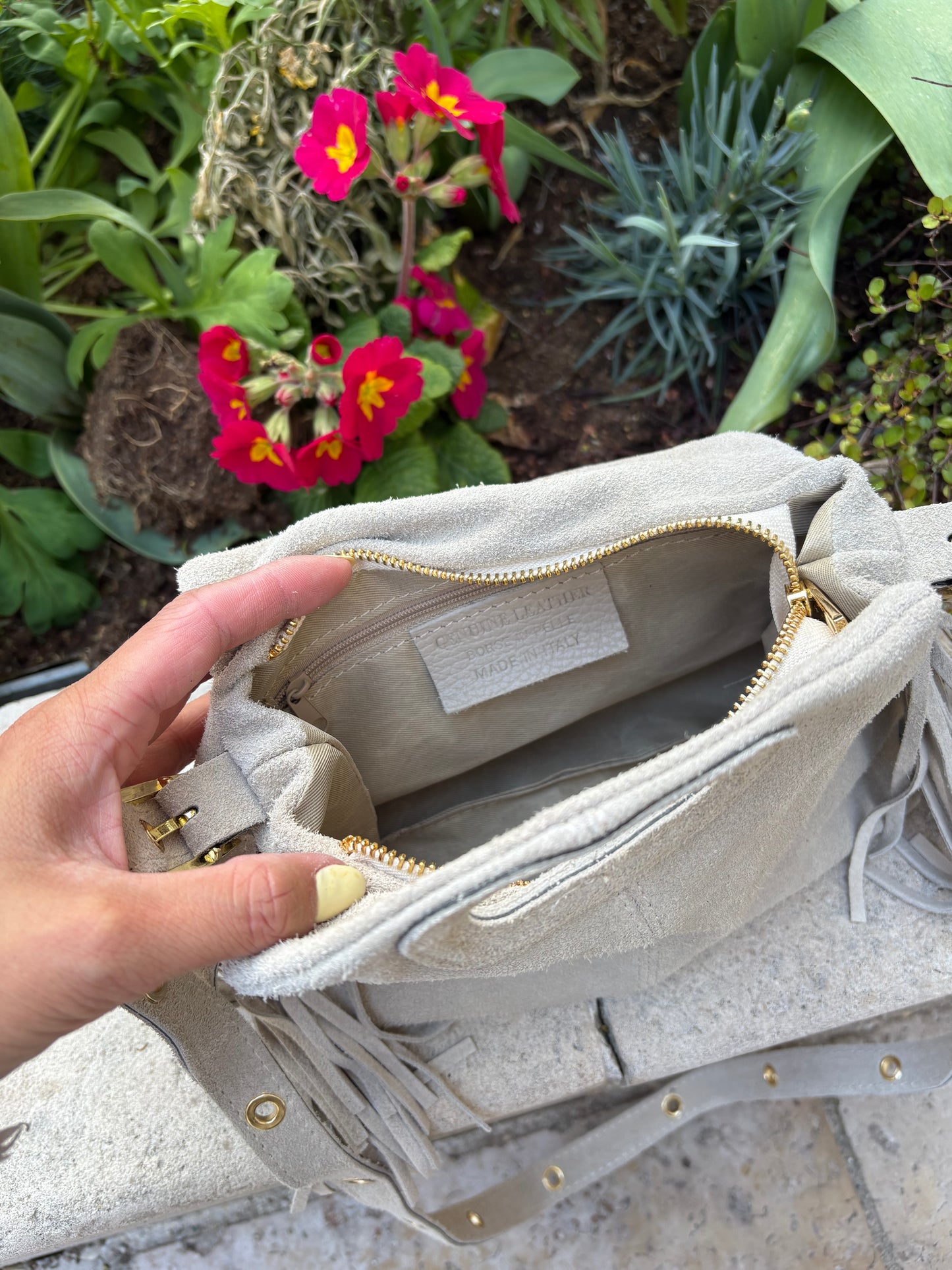 Mini sac bandoulière cuir daim à Franges Crème Lou