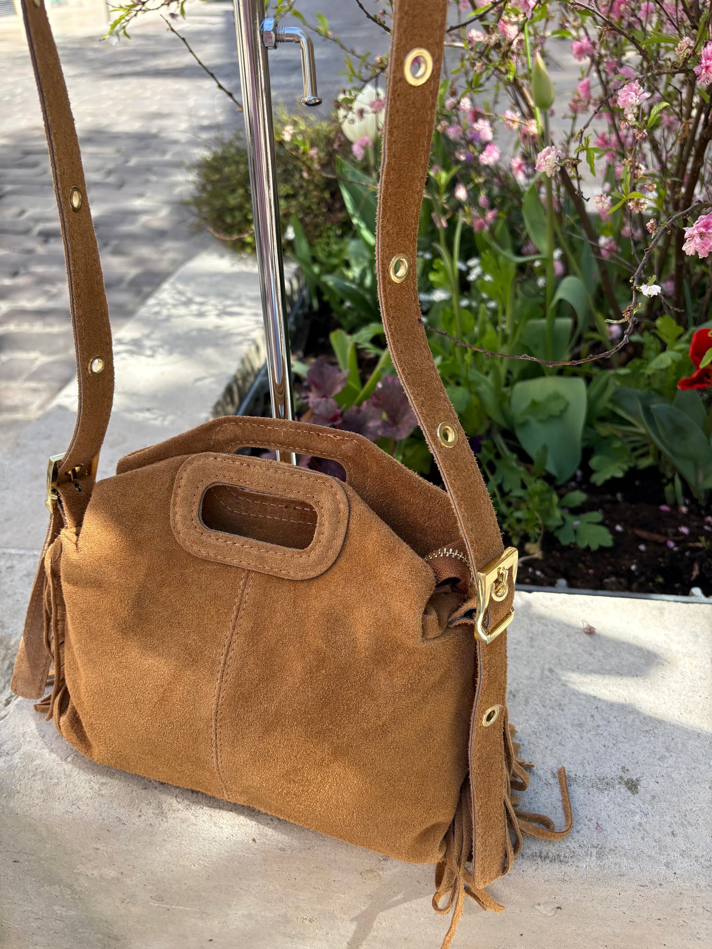 Mini sac bandoulière cuir daim à Franges Camel Lou