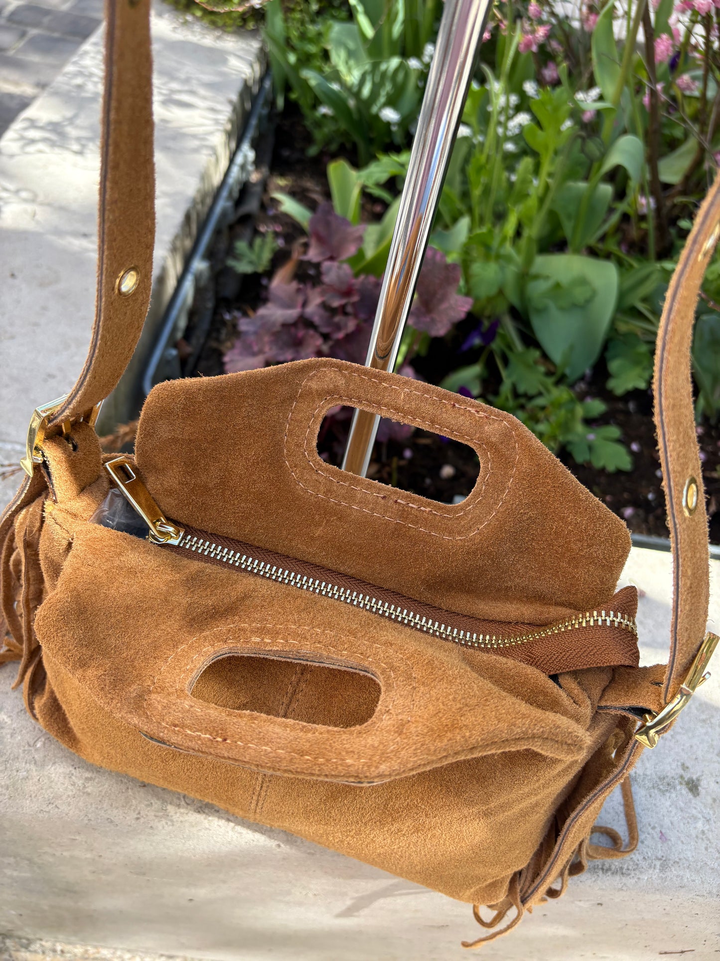 Mini sac bandoulière cuir daim à Franges Camel Lou