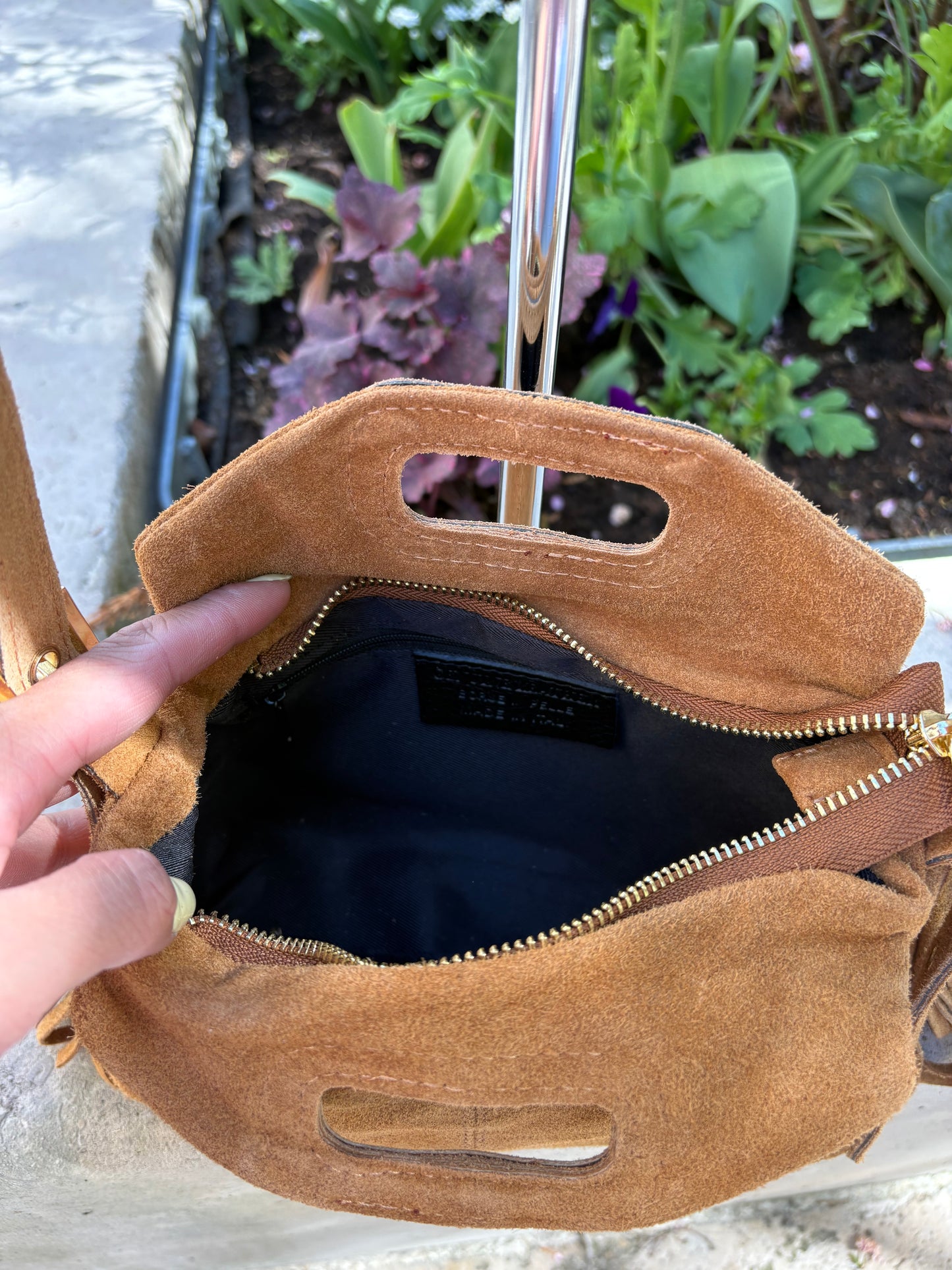 Mini sac bandoulière cuir daim à Franges Camel Lou