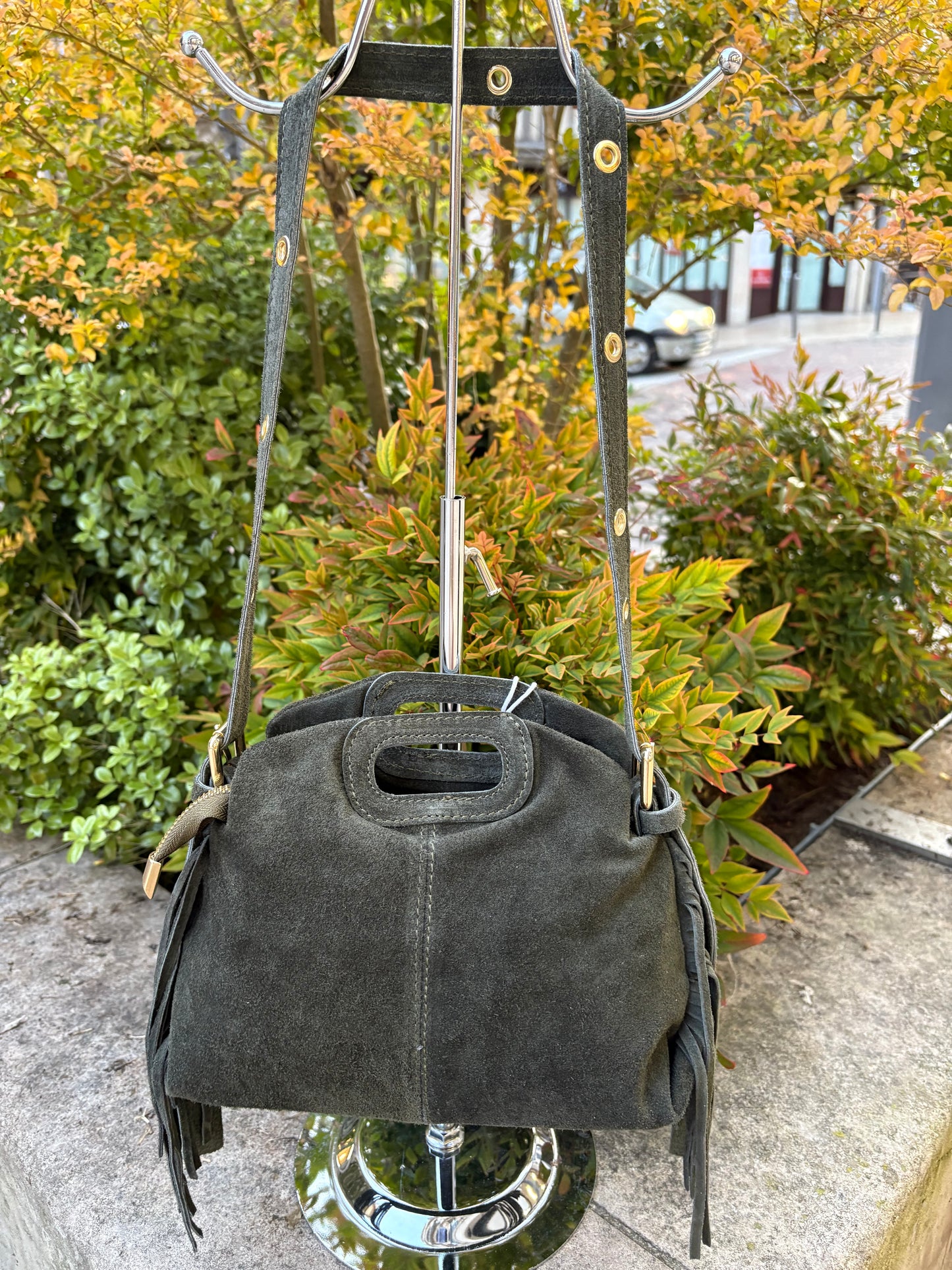 Mini sac bandoulière cuir daim à Franges Kaki Lou
