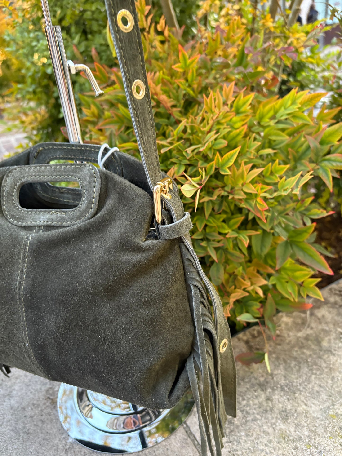 Mini sac bandoulière cuir daim à Franges Kaki Lou