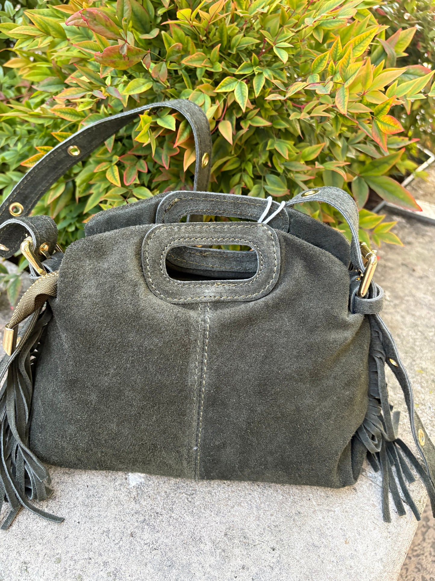Mini sac bandoulière cuir daim à Franges Camel Lou