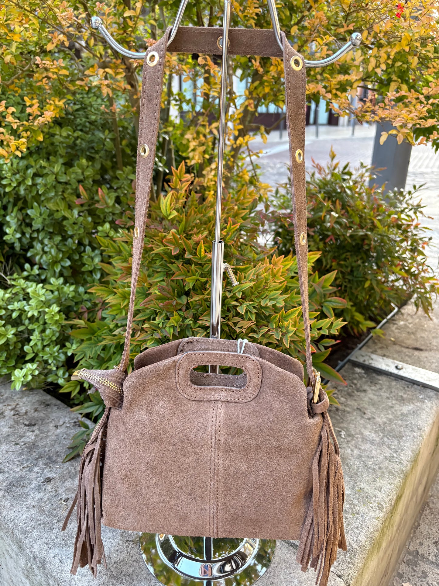 Mini sac bandoulière cuir daim à Franges Marron Lou