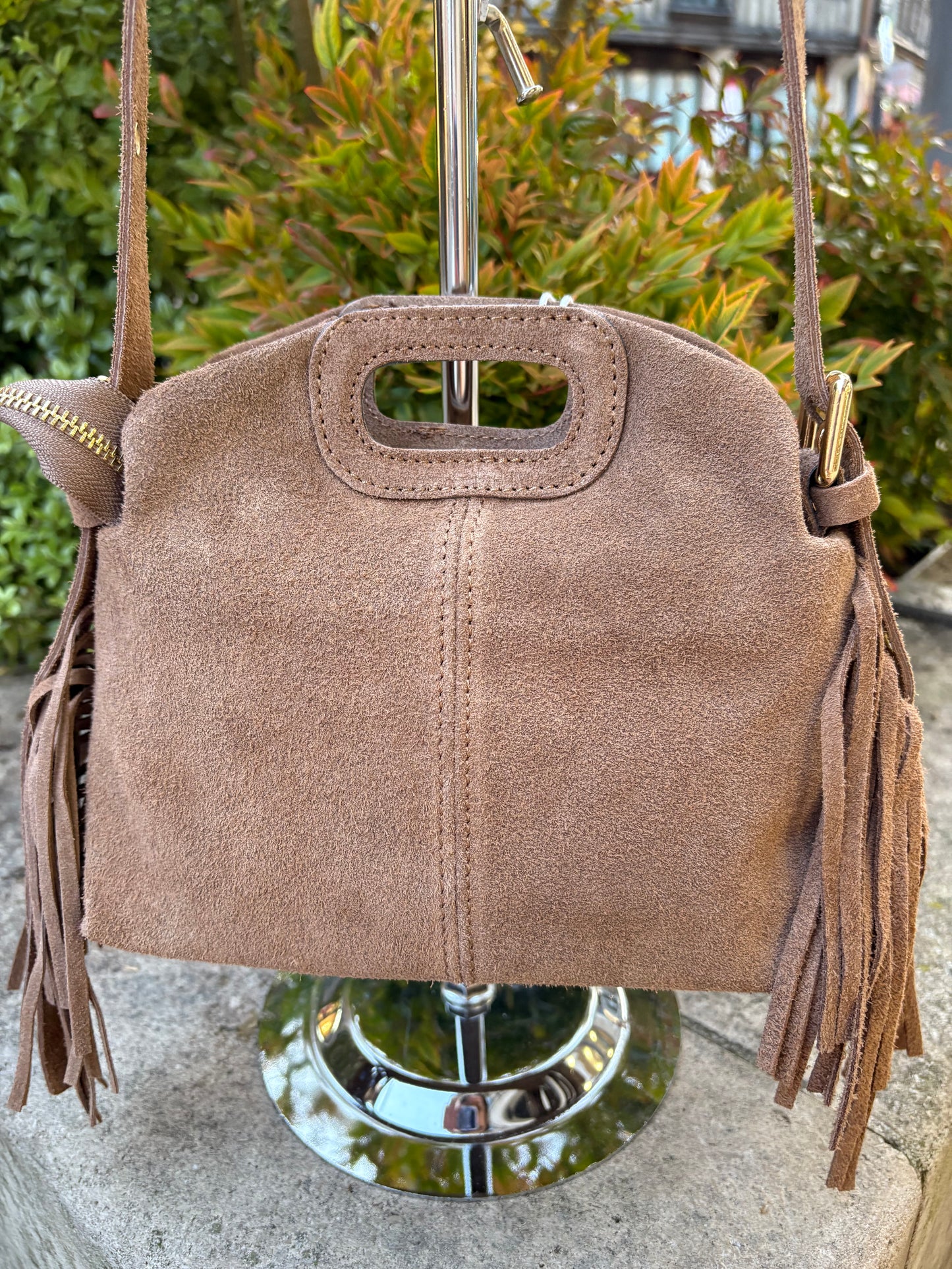 Mini sac bandoulière cuir daim à Franges Camel Lou