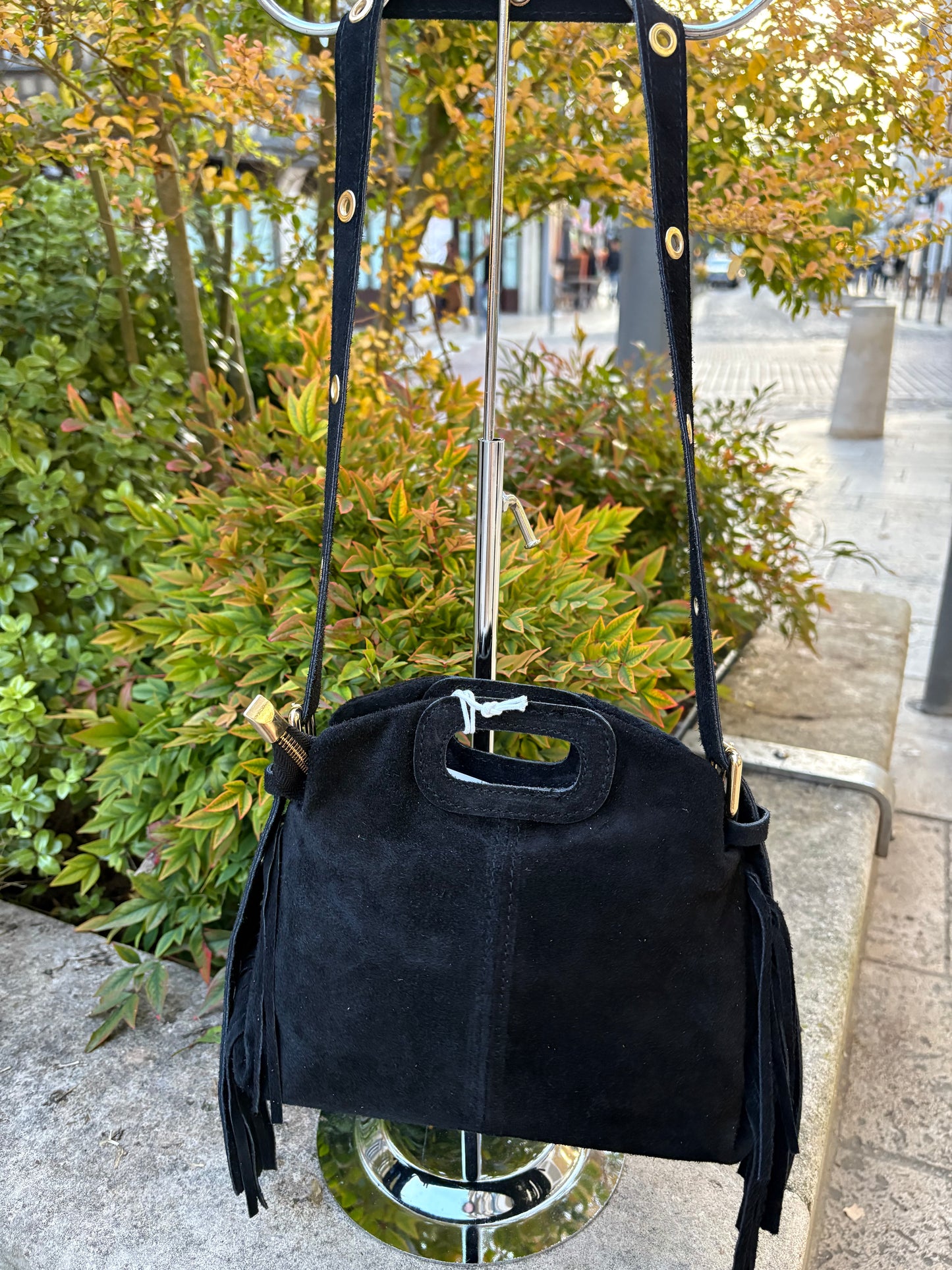 Mini sac bandoulière cuir daim à Franges noir Lou