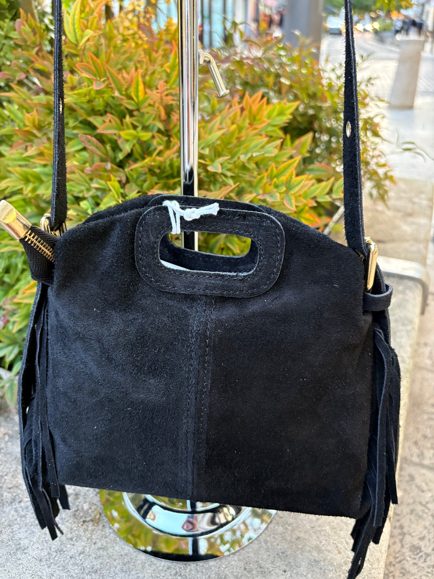 Mini sac bandoulière cuir daim à Franges Camel Lou