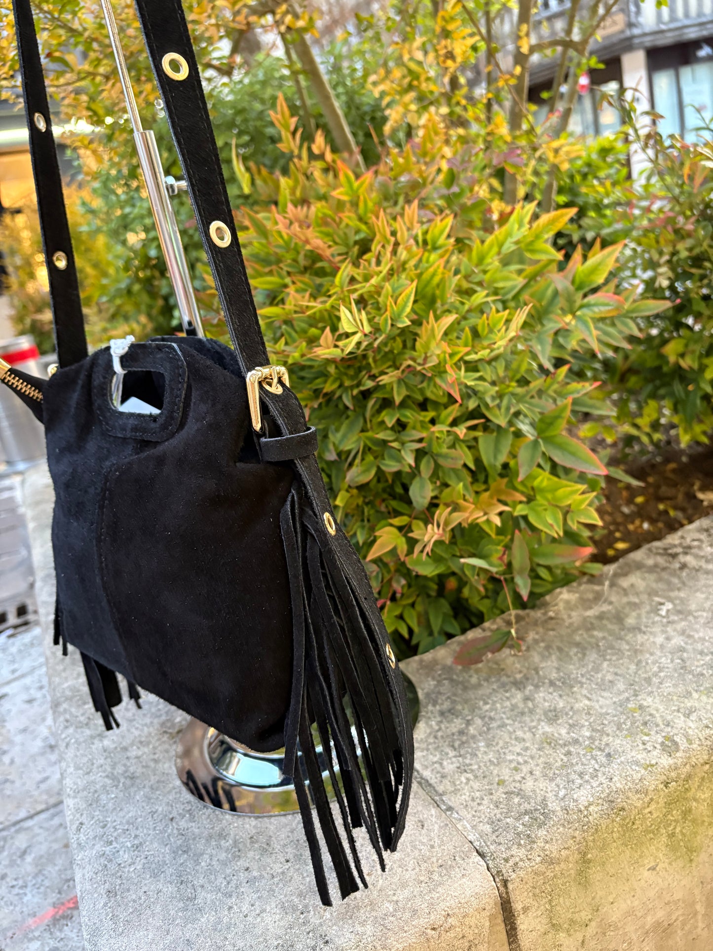 Mini sac bandoulière cuir daim à Franges noir Lou