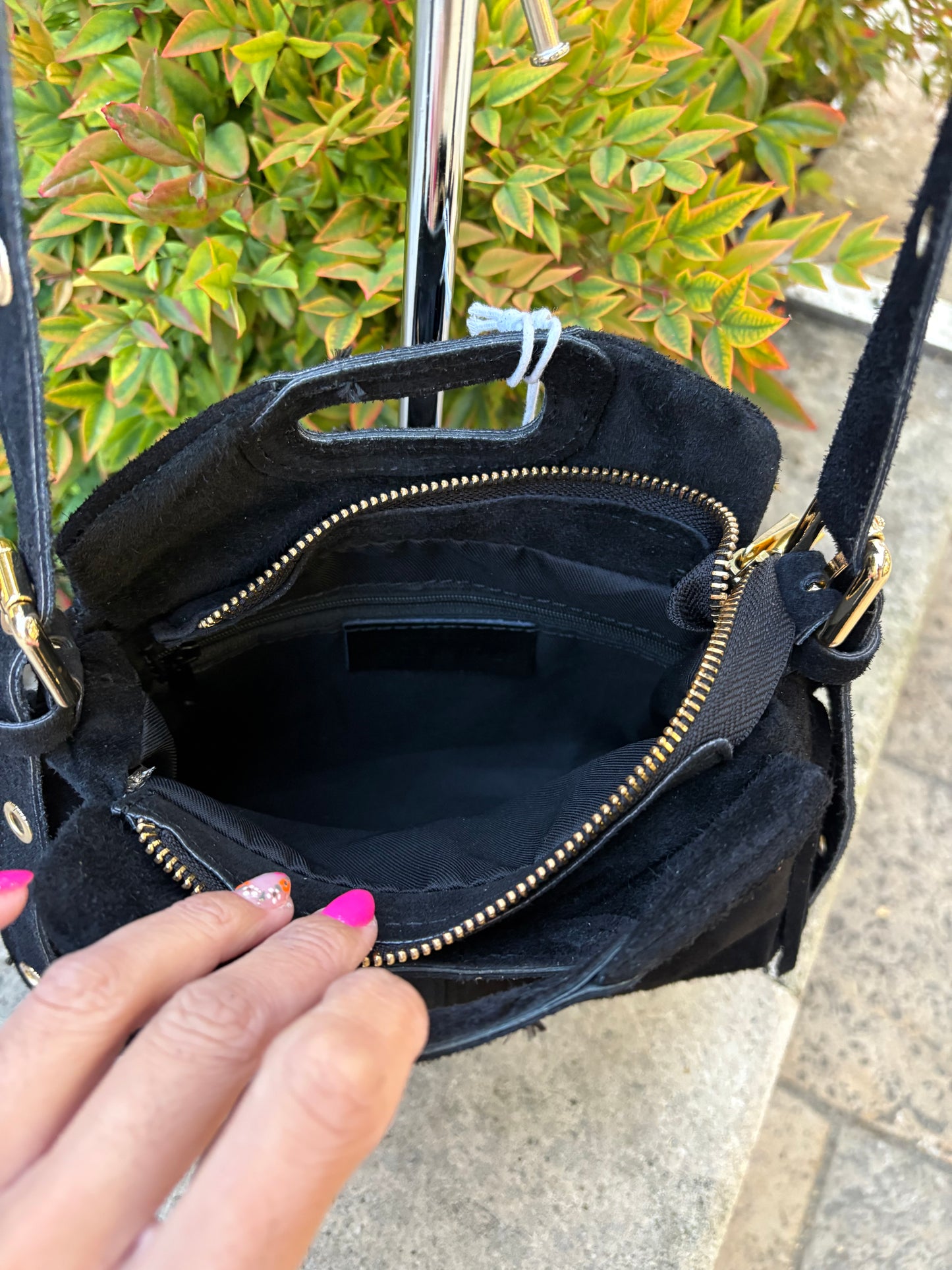 Mini sac bandoulière cuir daim à Franges noir Lou