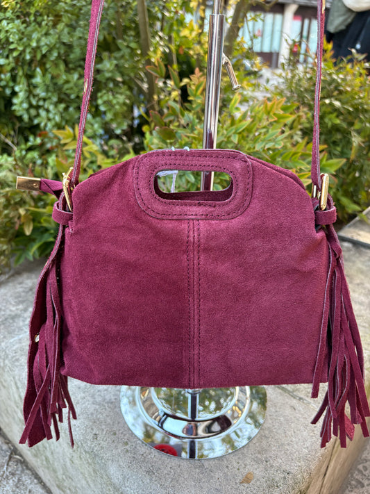 Mini sac bandoulière cuir daim à Franges Bordeaux Lou