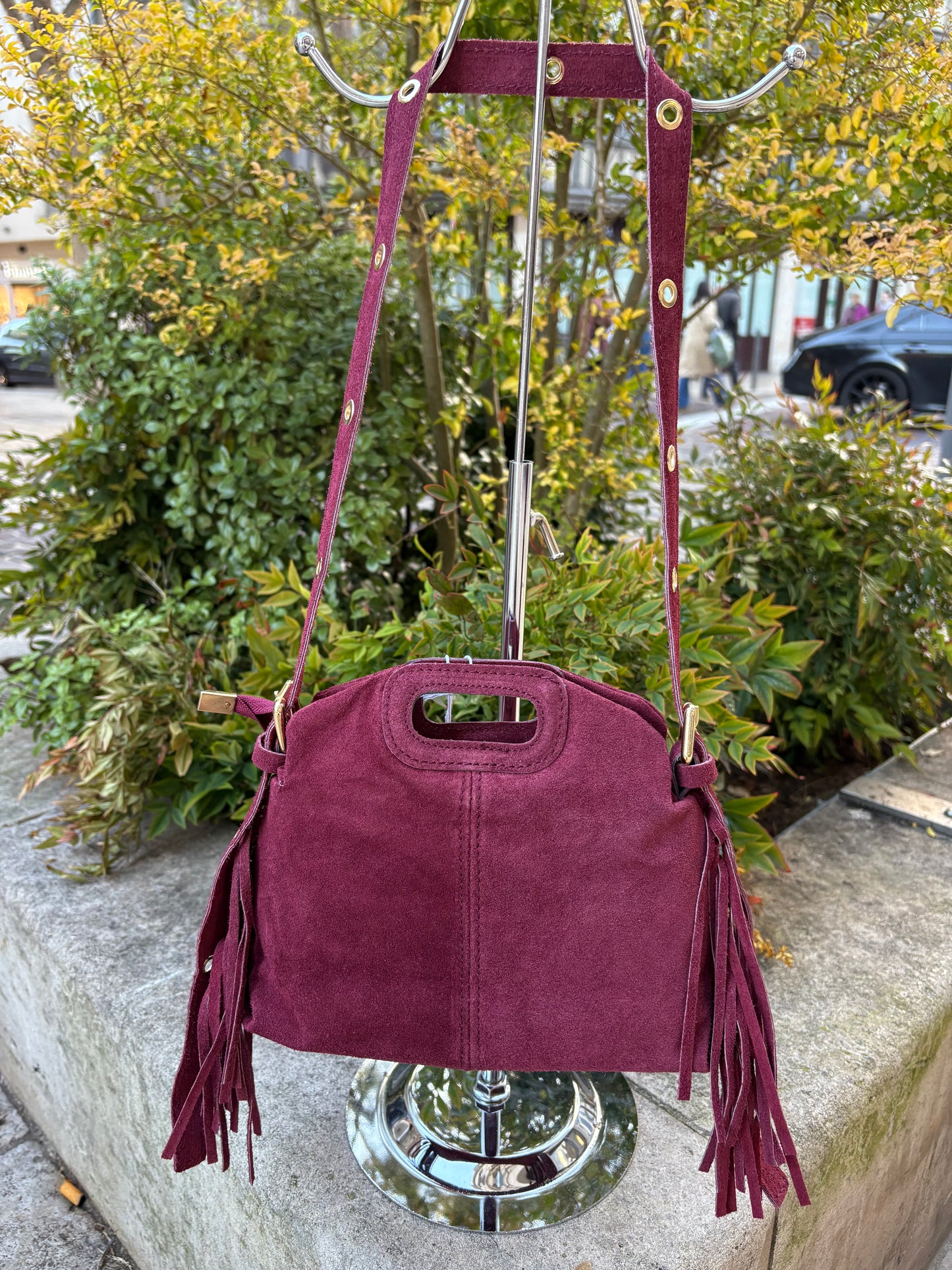Mini sac bandoulière cuir daim à Franges Bordeaux Lou
