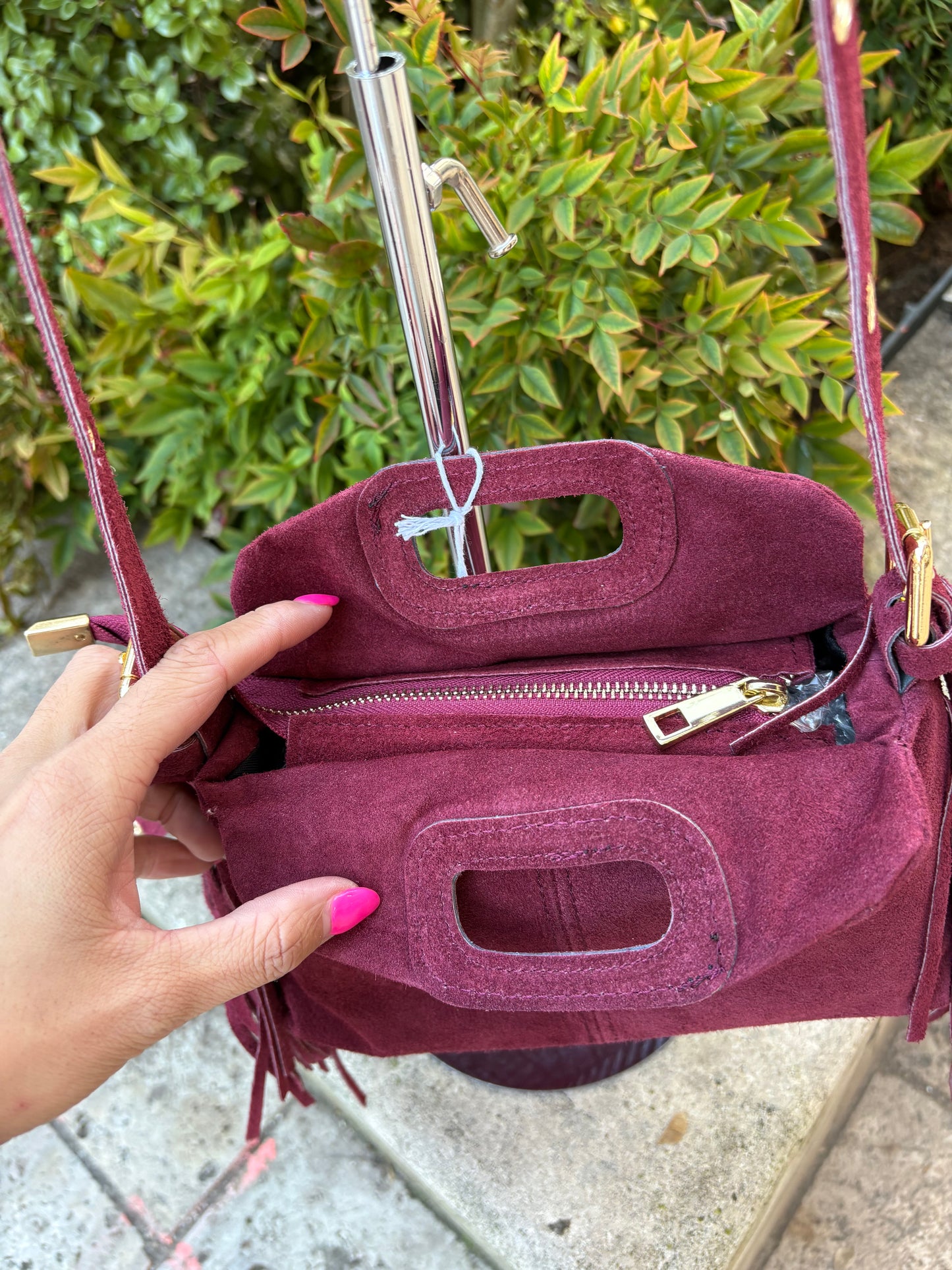 Mini sac bandoulière cuir daim à Franges Bordeaux Lou