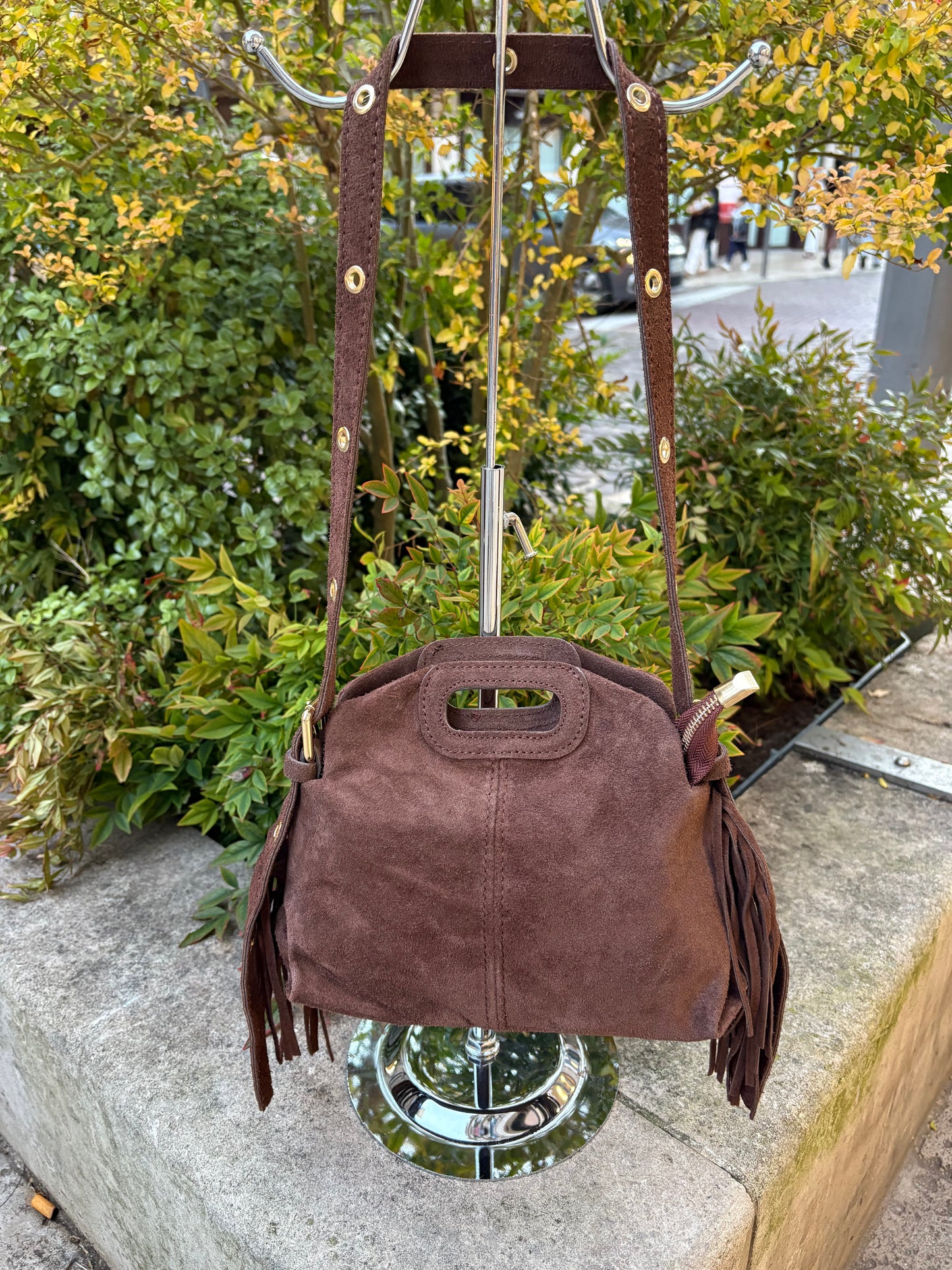 Mini sac bandoulière cuir daim à Franges Marron Lou