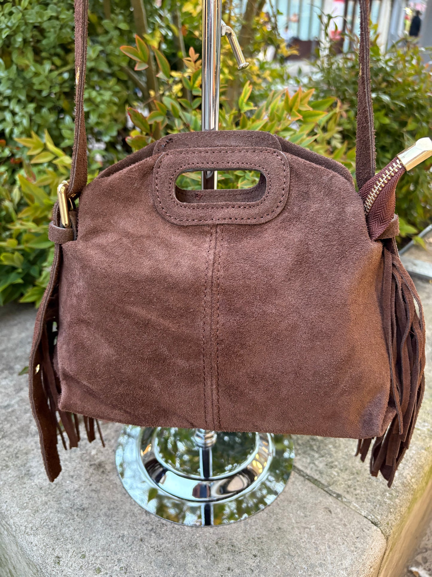 Mini sac bandoulière cuir daim à Franges Marron Lou