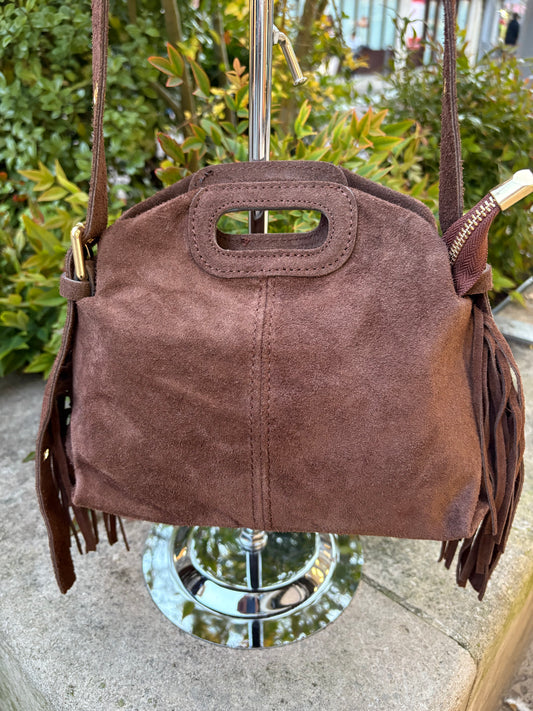 Mini sac bandoulière cuir daim à Franges Marron Lou