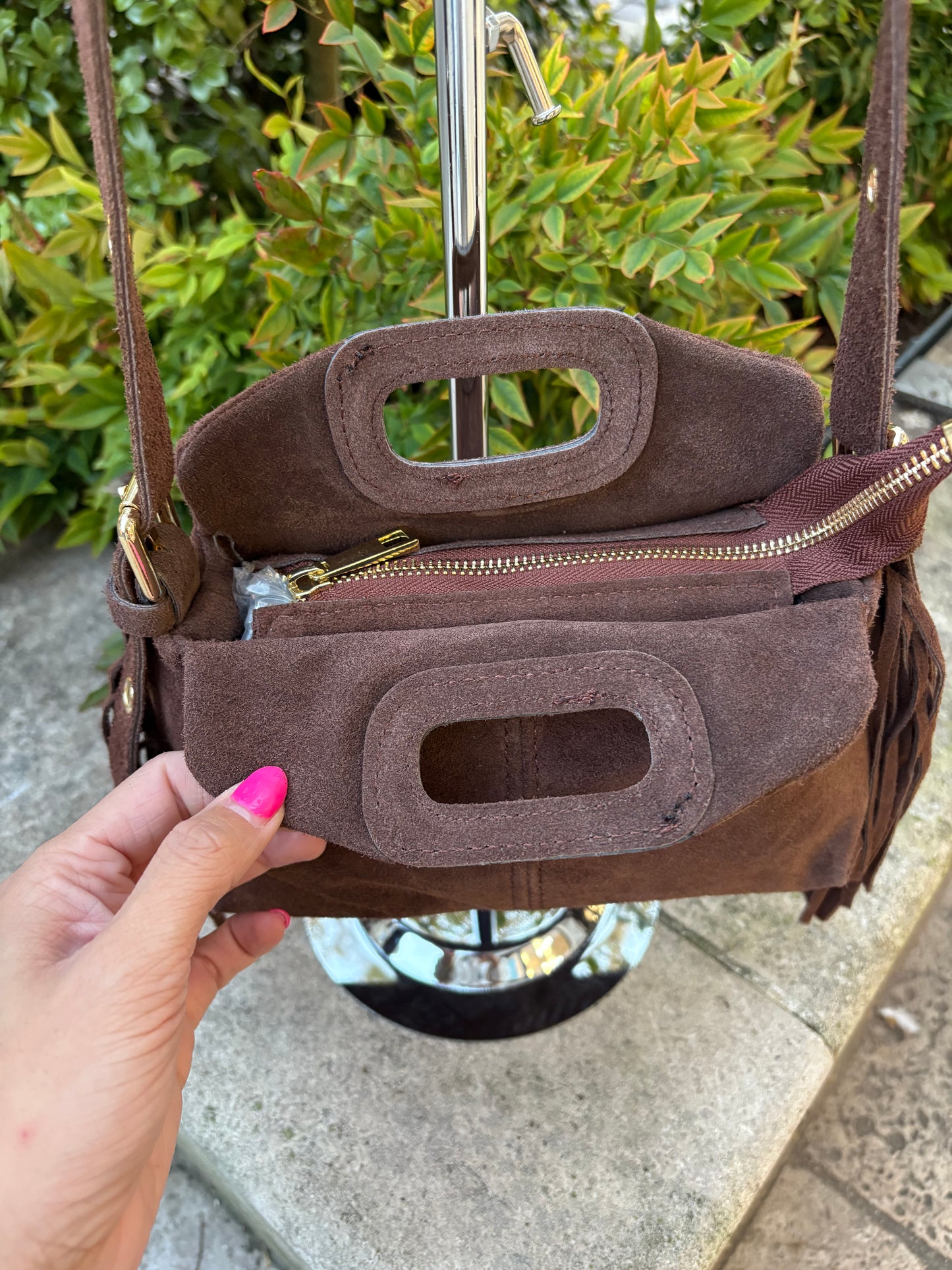 Mini sac bandoulière cuir daim à Franges Marron Lou