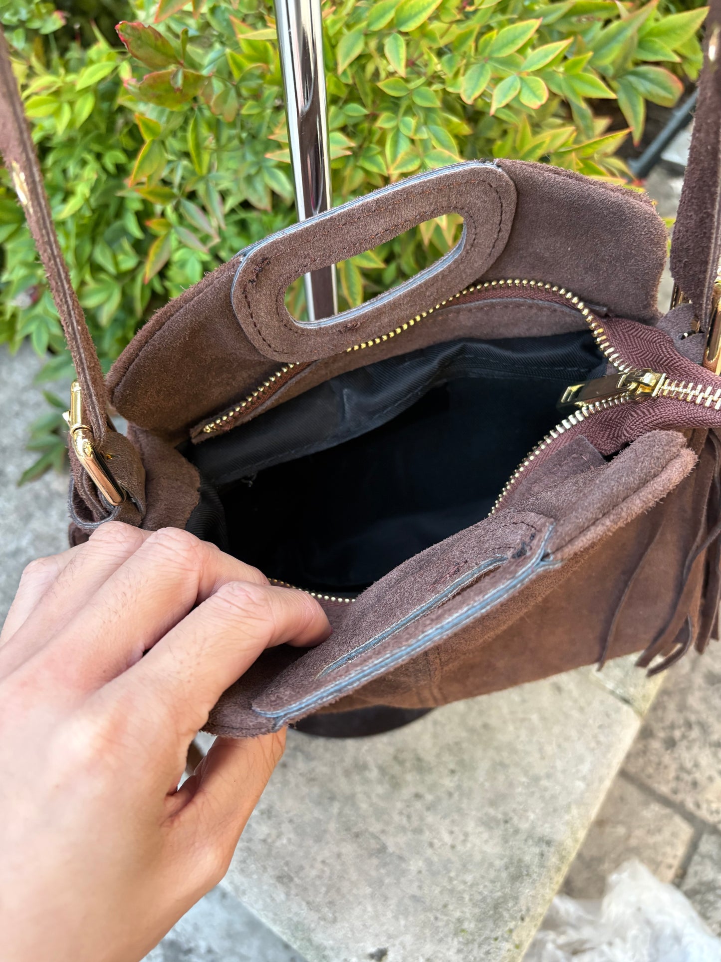 Mini sac bandoulière cuir daim à Franges Marron Lou